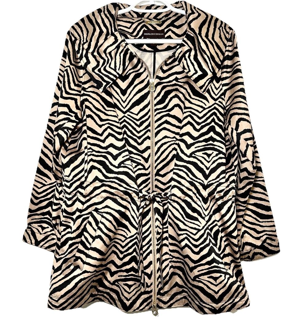 Dana Buchman Zebra Print Jacket Womens Large Belted Zip Front Animal Print